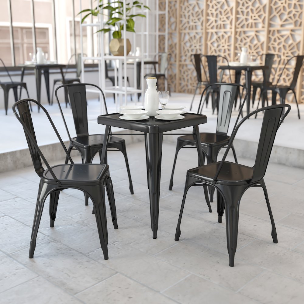 Commercial Grade 23.75" Square Black Metal Indoor-Outdoor Table Set with 2 Stack Chairs. Picture 5