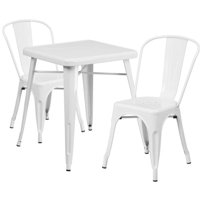 23.75" Square White Metal Indoor-Outdoor Table Set with 2 Stack Chairs. Picture 2