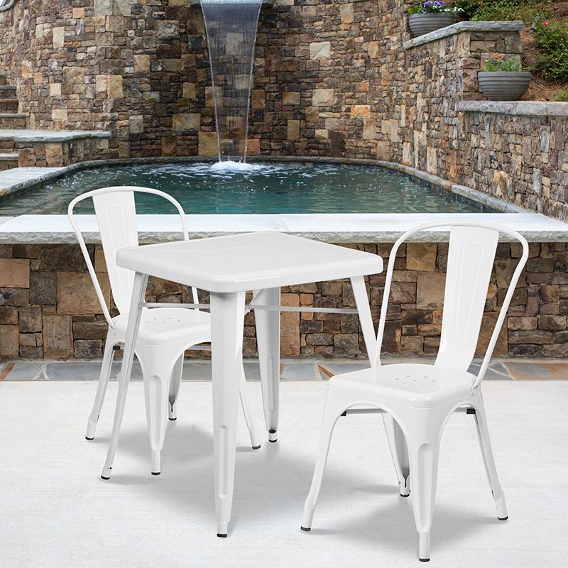 23.75" Square White Metal Indoor-Outdoor Table Set with 2 Stack Chairs. Picture 1