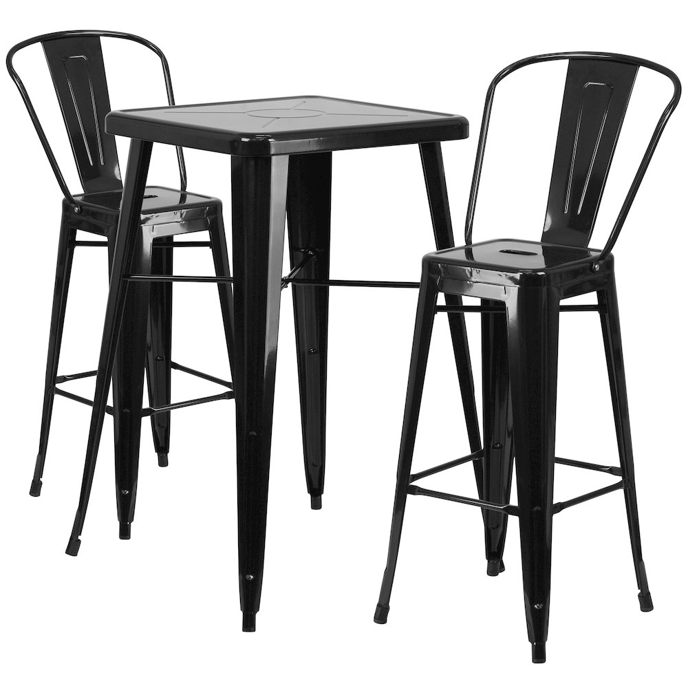 Commercial Grade 23.75" Square Black Metal Indoor-Outdoor Bar Table Set with 2 Stools with Backs. Picture 1