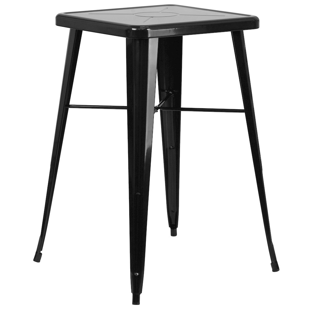 Commercial Grade 23.75" Square Black Metal Indoor-Outdoor Bar Table Set with 2 Stools with Backs. Picture 3