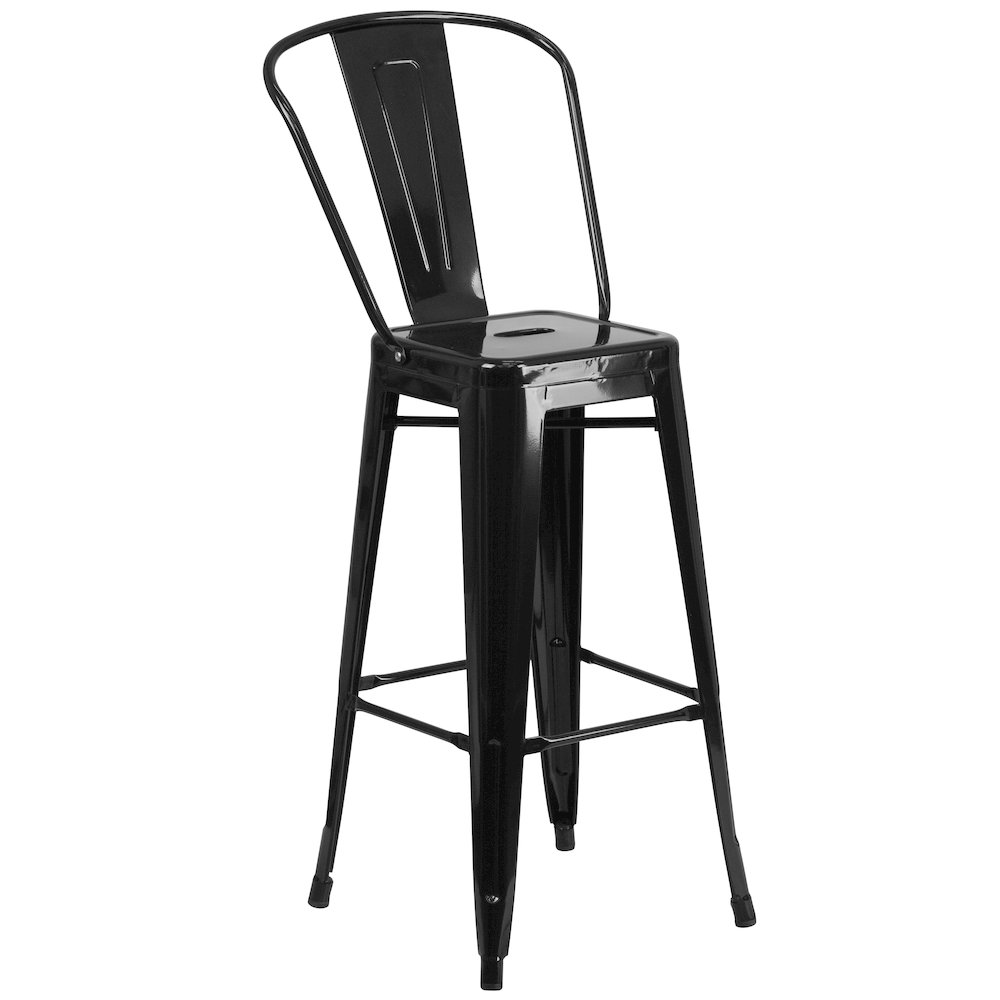 Commercial Grade 23.75" Square Black Metal Indoor-Outdoor Bar Table Set with 2 Stools with Backs. Picture 4