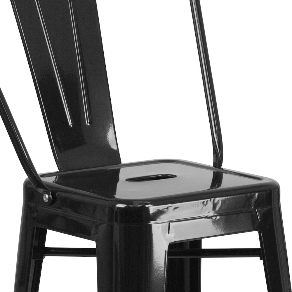 23.75" Square Black Metal Indoor-Outdoor Bar Table Set with 2 Stools with Backs. Picture 8