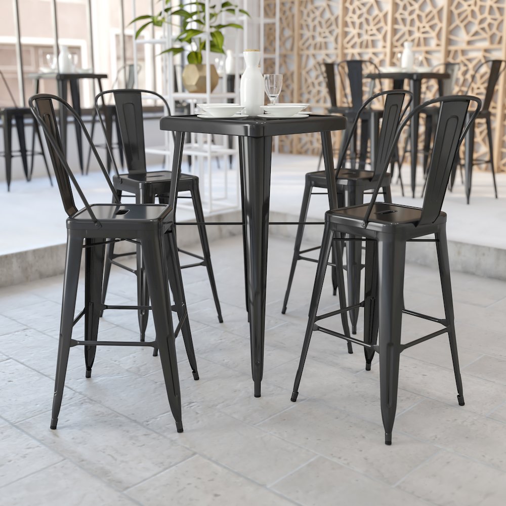 Commercial Grade 23.75" Square Black Metal Indoor-Outdoor Bar Table Set with 2 Stools with Backs. Picture 5