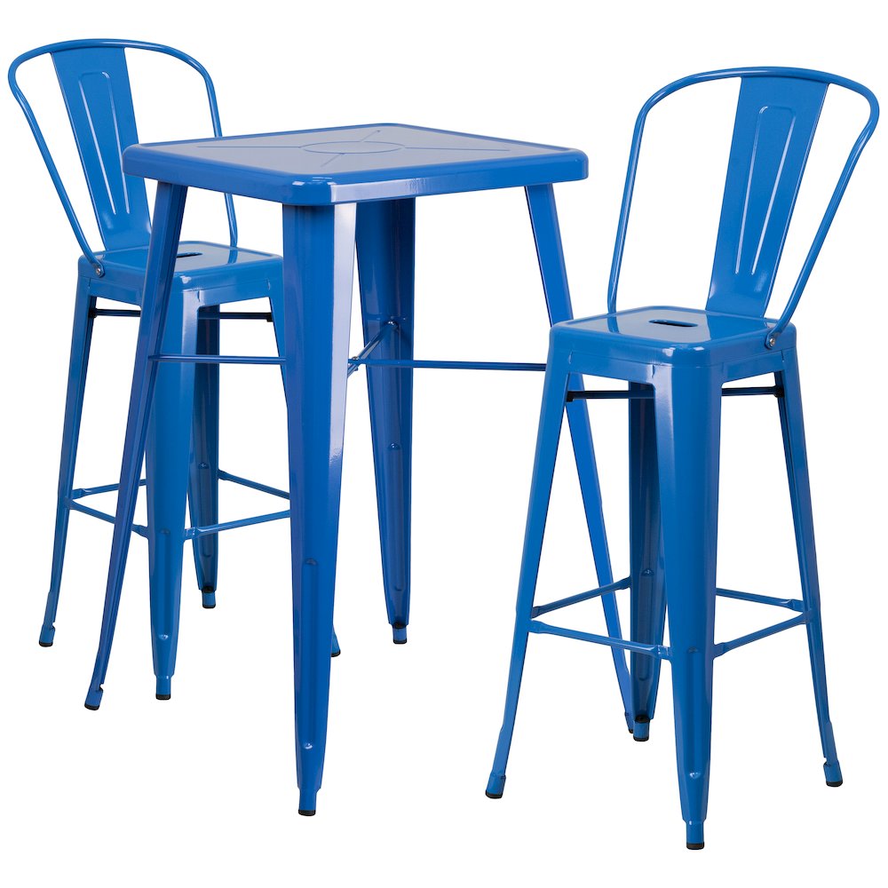 Commercial Grade 23.75" Square Blue Metal Indoor-Outdoor Bar Table Set with 2 Stools with Backs. Picture 1