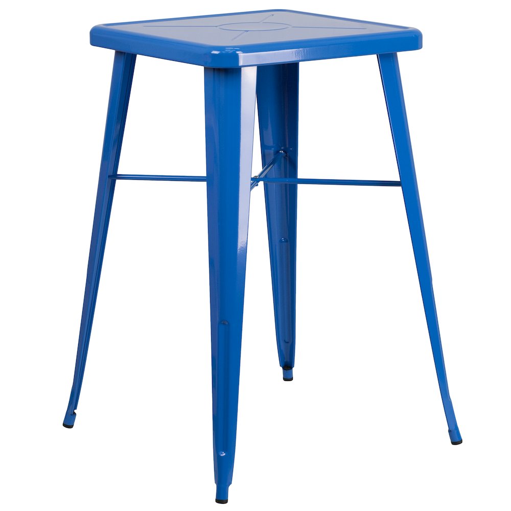 Commercial Grade 23.75" Square Blue Metal Indoor-Outdoor Bar Table Set with 2 Stools with Backs. Picture 2