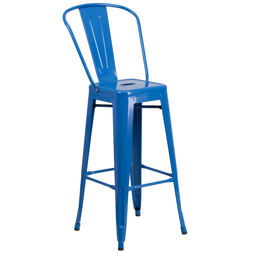 Commercial Grade 23.75" Square Blue Metal Indoor-Outdoor Bar Table Set with 2 Stools with Backs. Picture 3