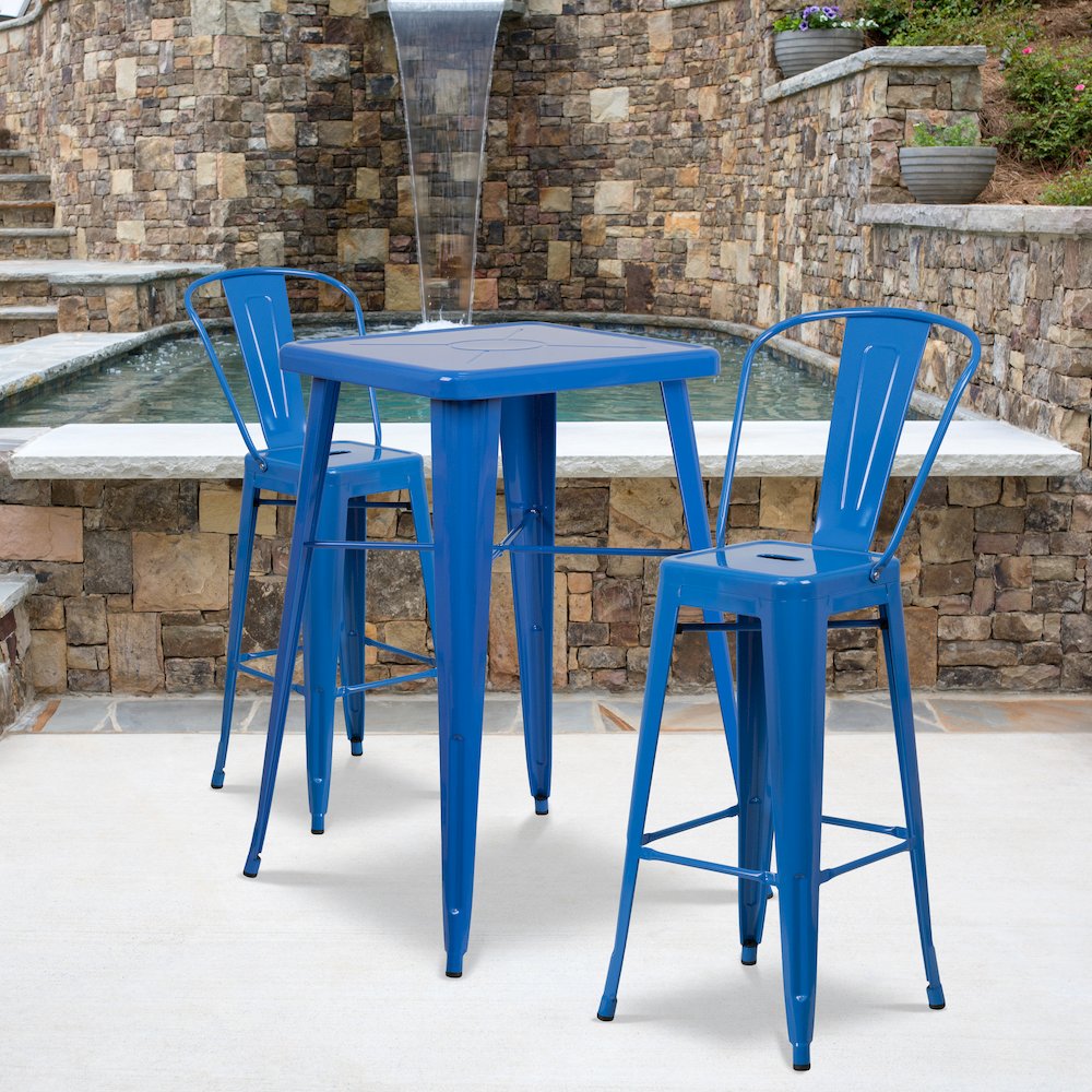 Commercial Grade 23.75" Square Blue Metal Indoor-Outdoor Bar Table Set with 2 Stools with Backs. Picture 4