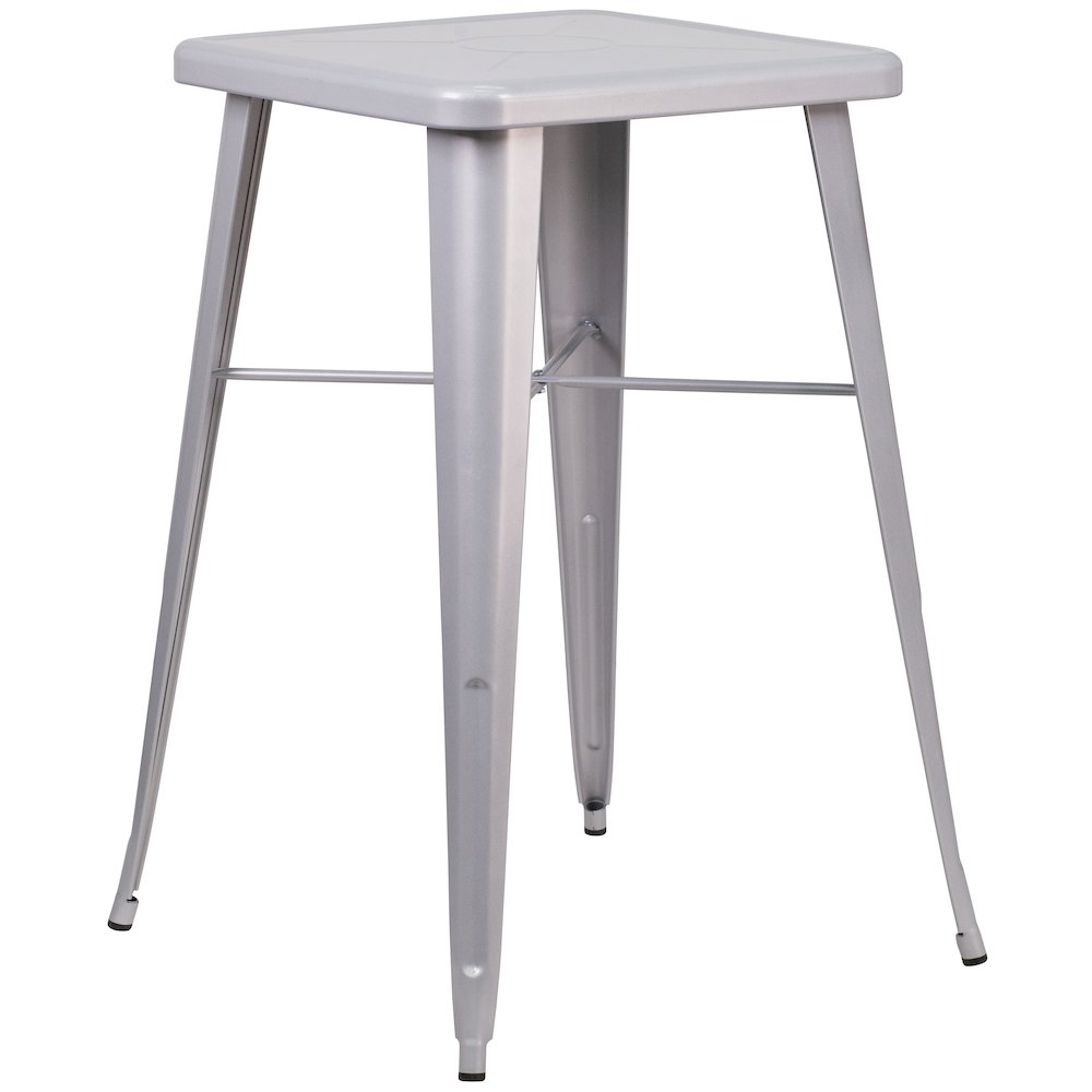 Commercial Grade 23.75" Square Silver Metal Indoor-Outdoor Bar Table Set with 2 Stools with Backs. Picture 2
