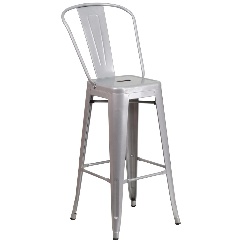Commercial Grade 23.75" Square Silver Metal Indoor-Outdoor Bar Table Set with 2 Stools with Backs. Picture 3