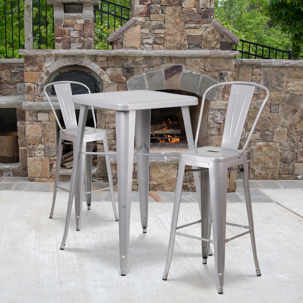 Commercial Grade 23.75" Square Silver Metal Indoor-Outdoor Bar Table Set with 2 Stools with Backs. Picture 4