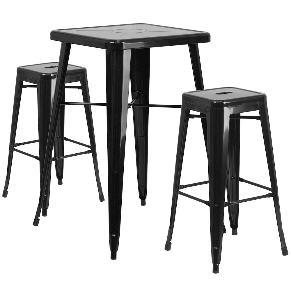 23.75" Black Metal Indoor-Outdoor Bar Table Set with 2 Seat Backless Stools. Picture 1