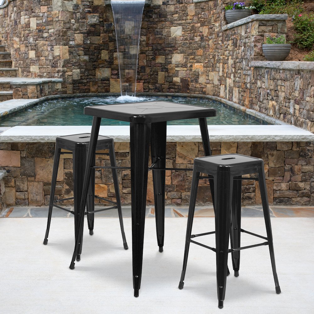 23.75" Black Metal Indoor-Outdoor Bar Table Set with 2 Seat Backless Stools. Picture 2