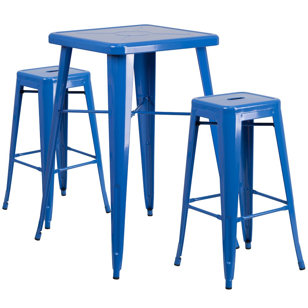23.75" Blue Metal Indoor-Outdoor Bar Table Set with 2 Seat Backless Stools. Picture 1
