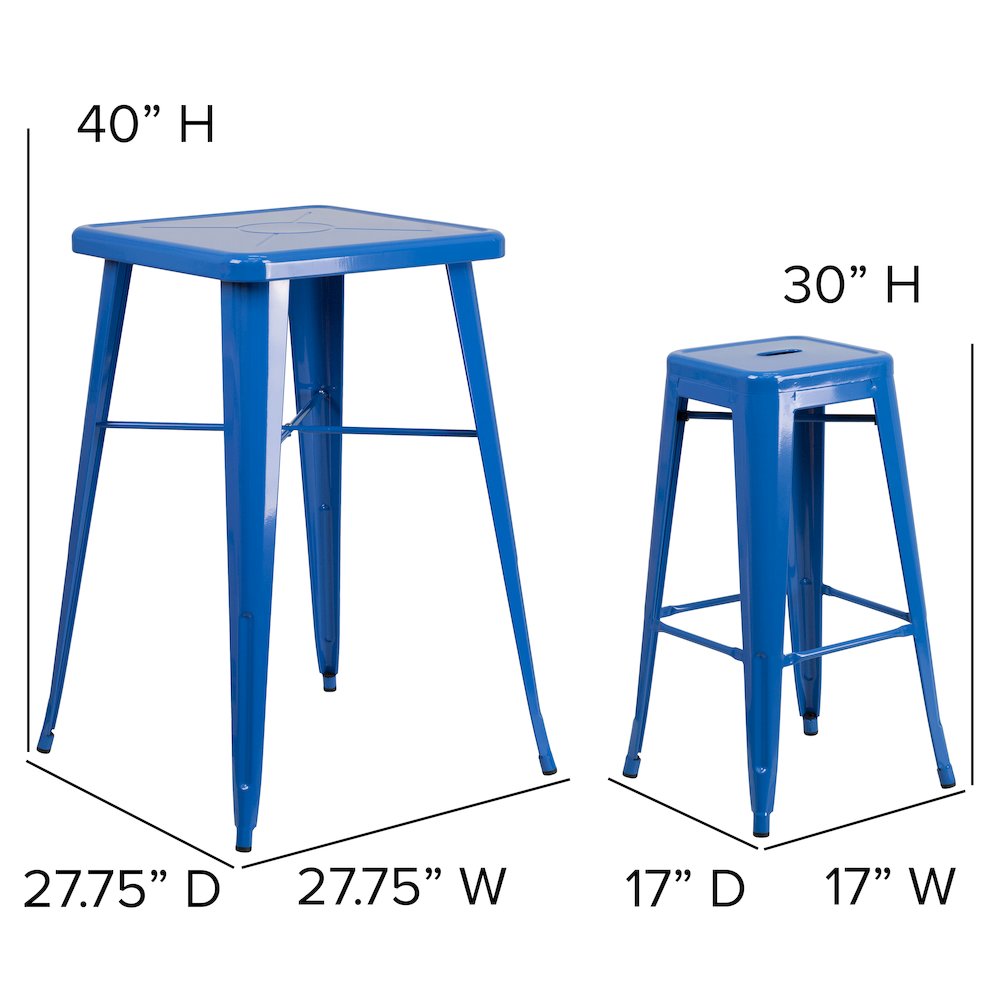 23.75" Blue Metal Indoor-Outdoor Bar Table Set with 2 Seat Backless Stools. Picture 5