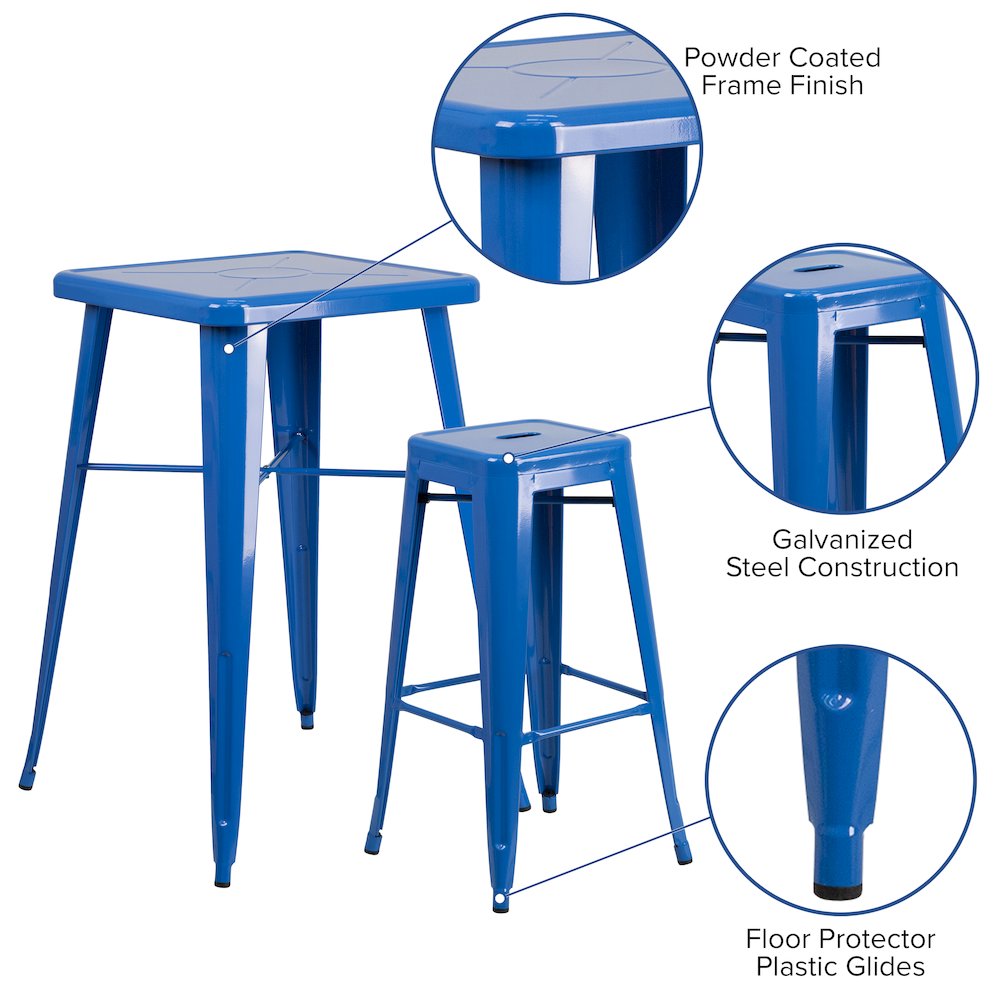 23.75" Blue Metal Indoor-Outdoor Bar Table Set with 2 Seat Backless Stools. Picture 4