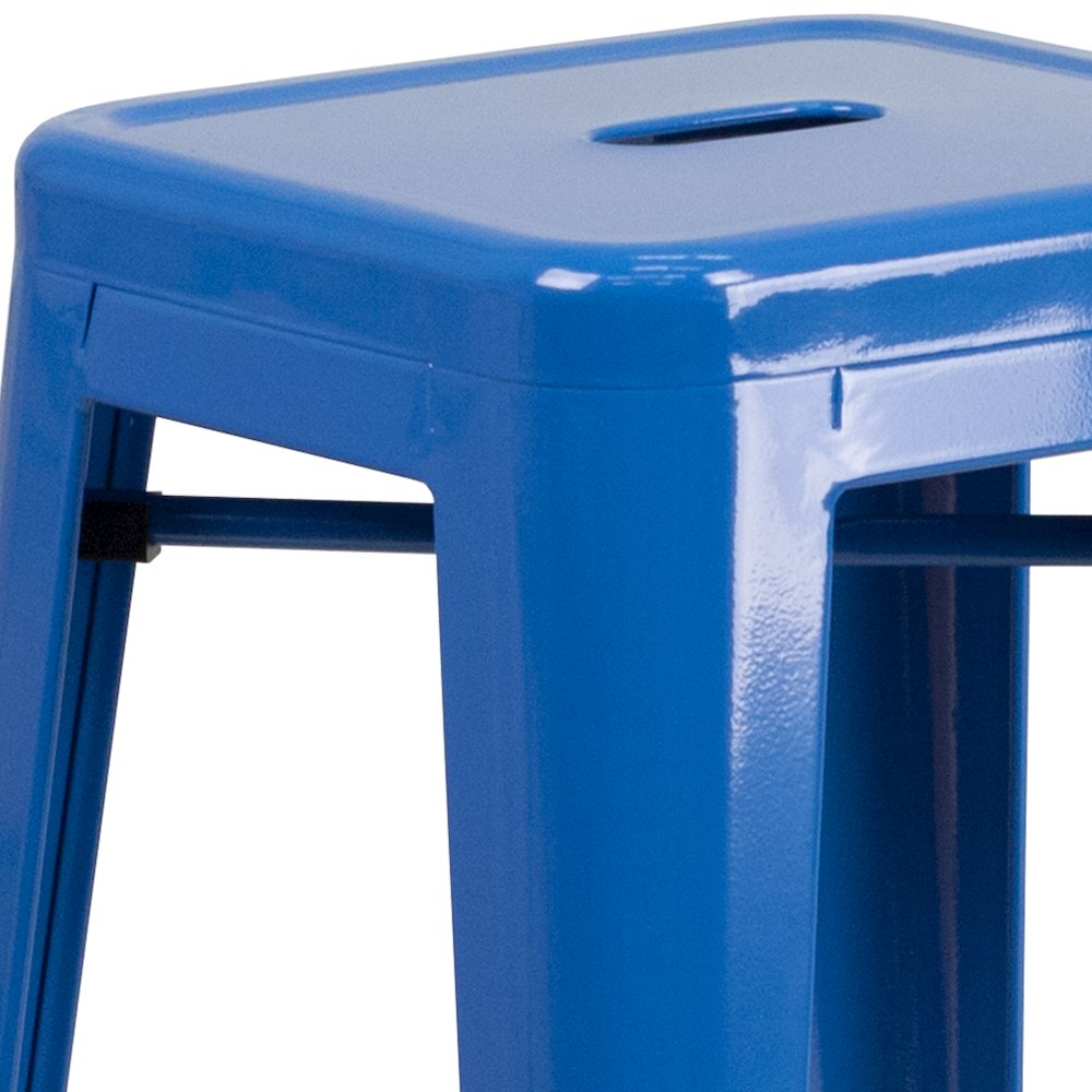 23.75" Blue Metal Indoor-Outdoor Bar Table Set with 2 Seat Backless Stools. Picture 6