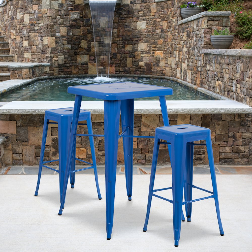 23.75" Blue Metal Indoor-Outdoor Bar Table Set with 2 Seat Backless Stools. Picture 2