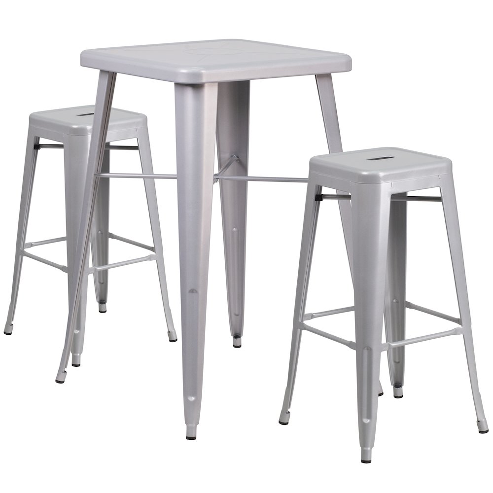 23.75" Silver Metal Indoor-Outdoor Bar Table Set with 2 Seat Backless Stools. Picture 1