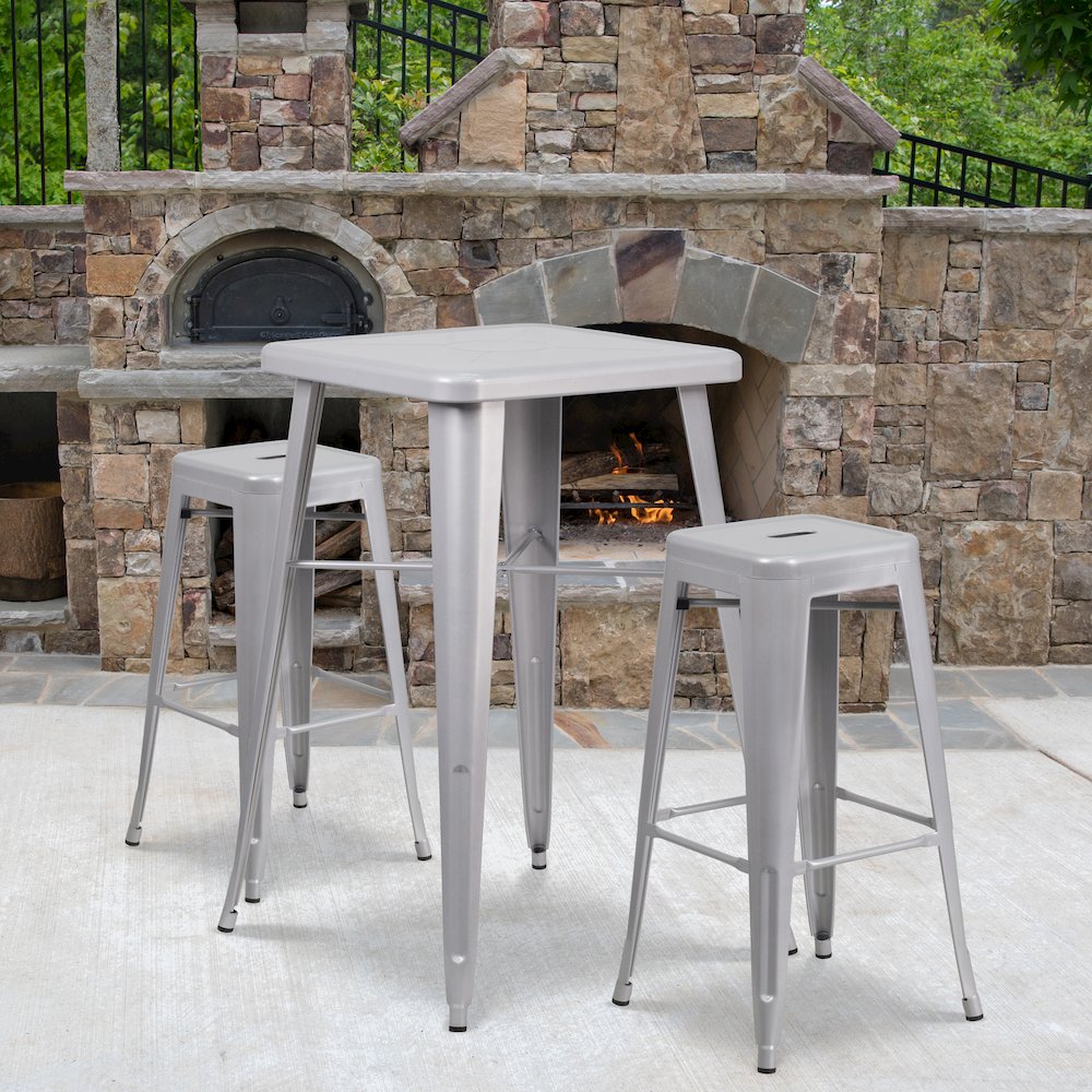 23.75" Silver Metal Indoor-Outdoor Bar Table Set with 2 Seat Backless Stools. Picture 2