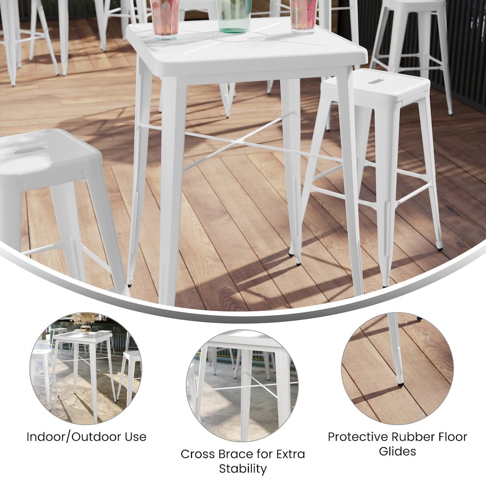 Commercial Grade 23.75" Square White Metal Indoor-Outdoor Bar Height Table. Picture 4
