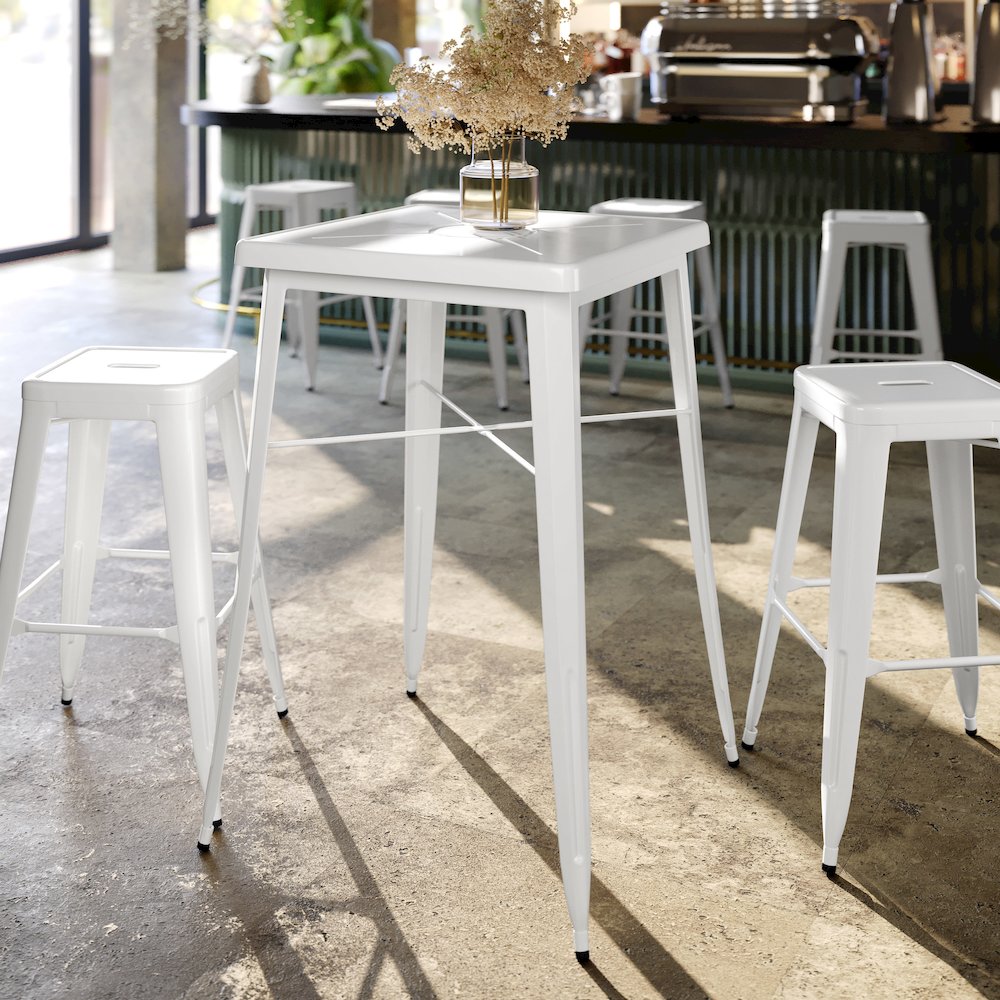 Commercial Grade 23.75" Square White Metal Indoor-Outdoor Bar Height Table. Picture 2