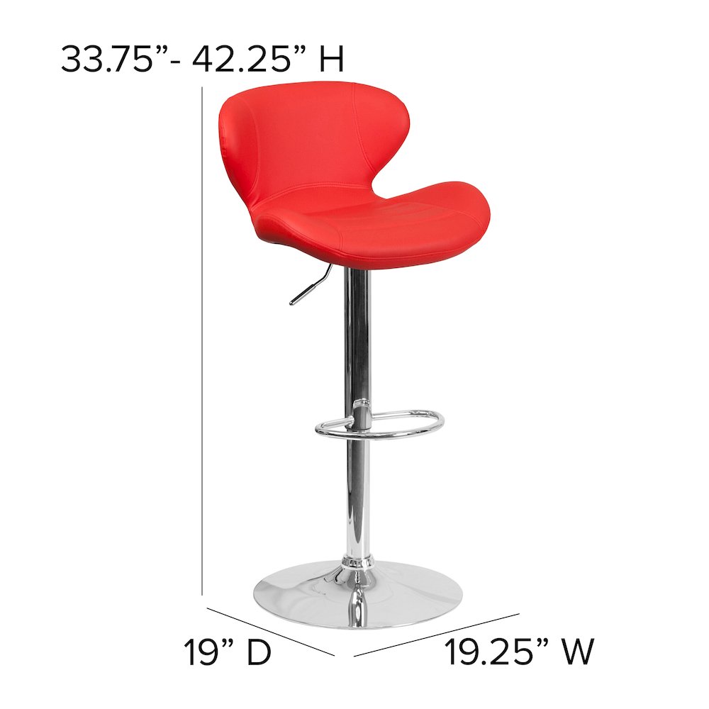Red Vinyl Adjustable Height Barstool with Curved Back and Chrome Base. Picture 5