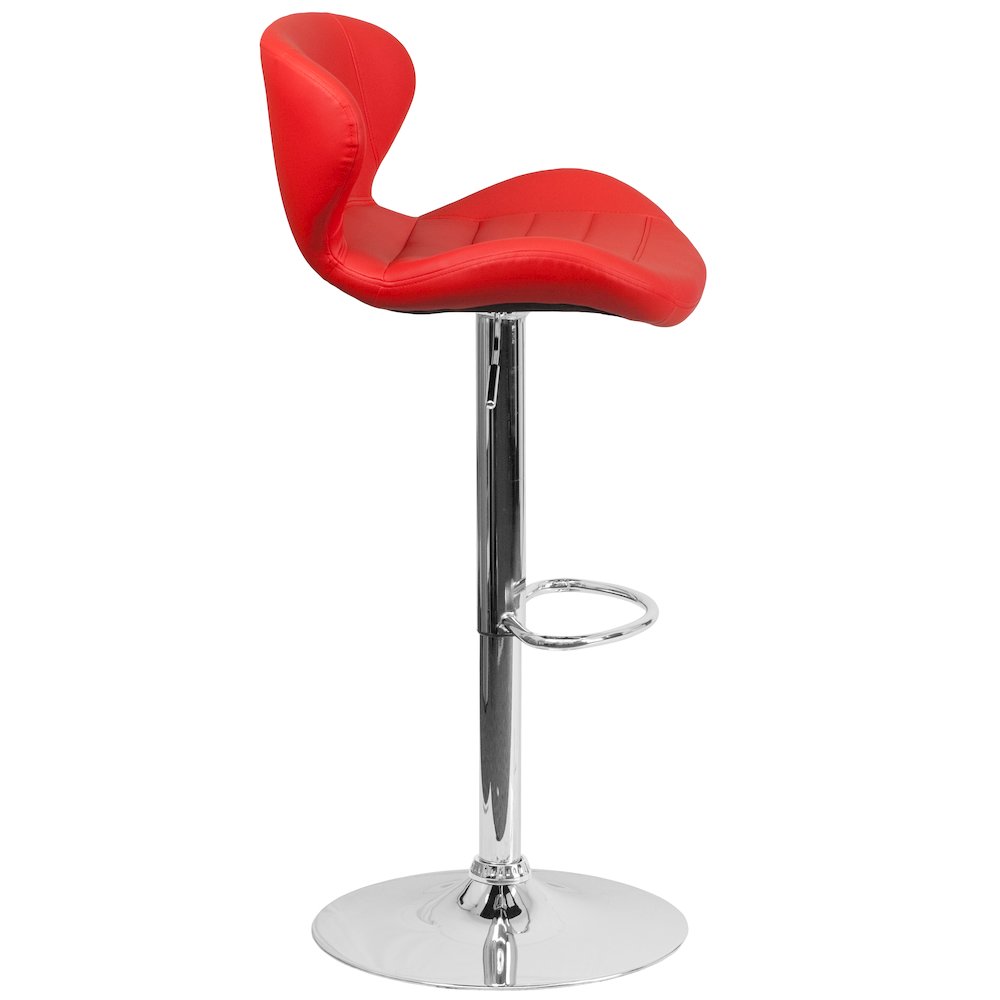 Red Vinyl Adjustable Height Barstool with Curved Back and Chrome Base. Picture 8
