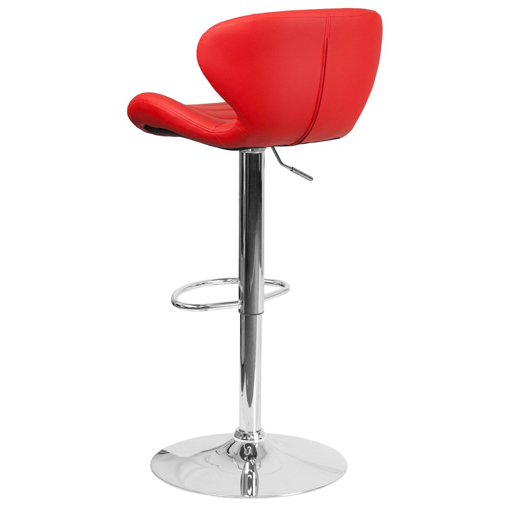Red Vinyl Adjustable Height Barstool with Curved Back and Chrome Base. Picture 6