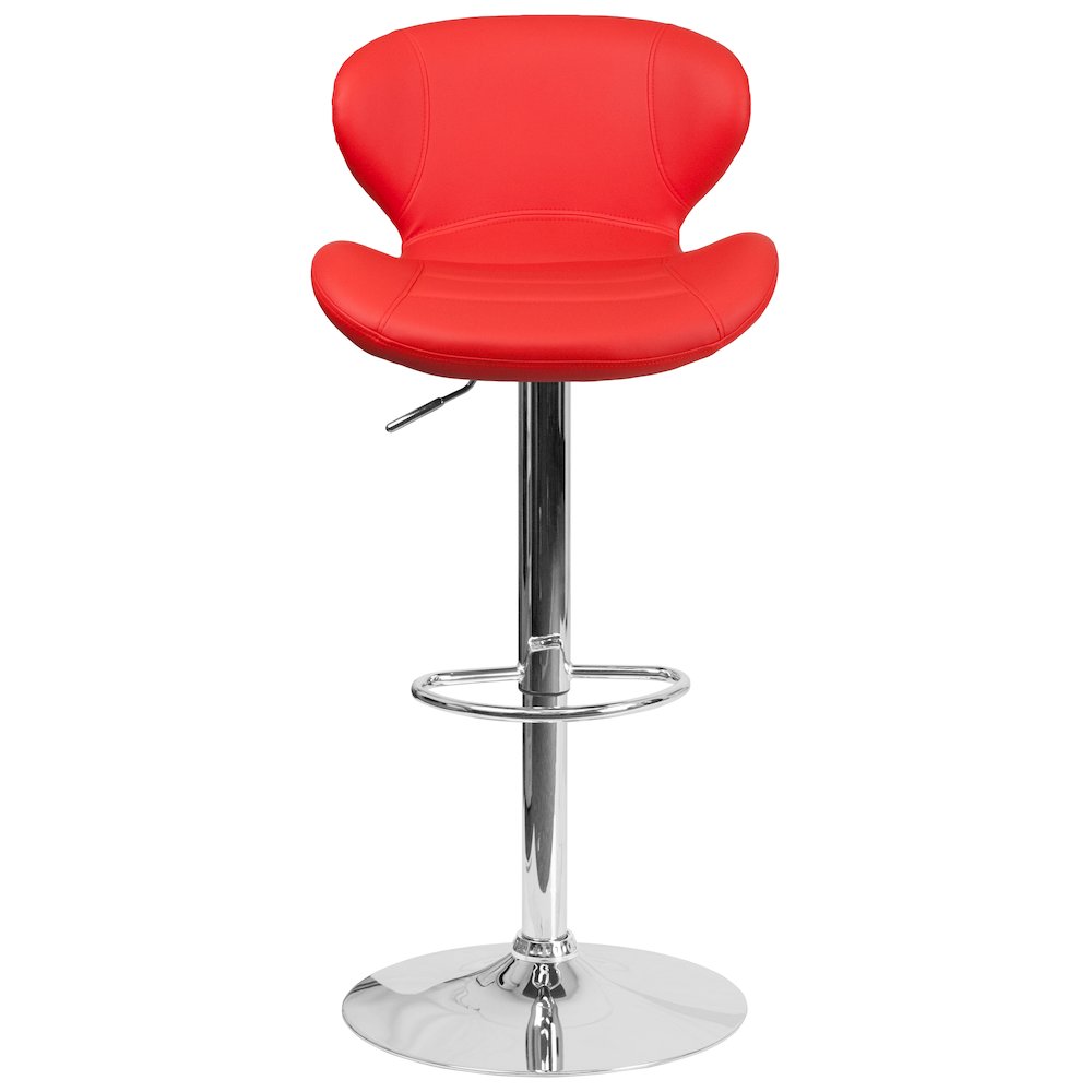 Red Vinyl Adjustable Height Barstool with Curved Back and Chrome Base. Picture 9