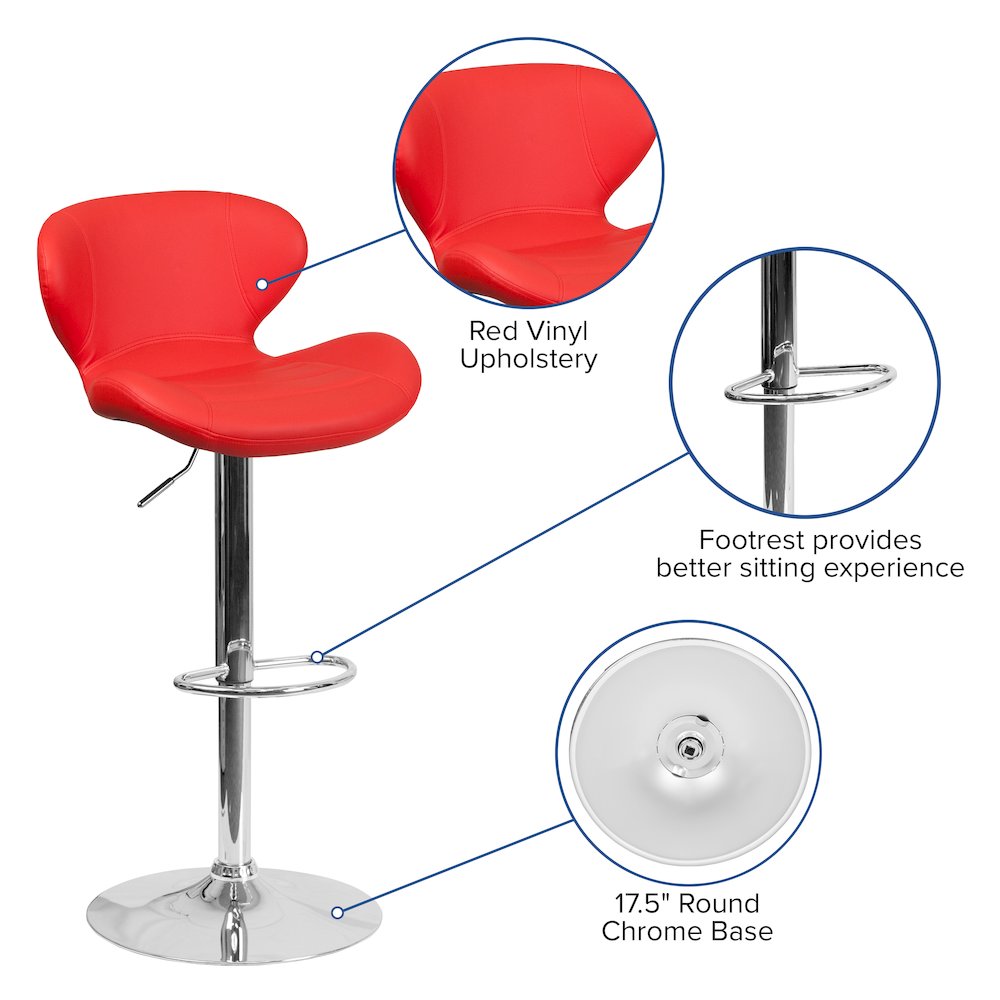 Red Vinyl Adjustable Height Barstool with Curved Back and Chrome Base. Picture 4
