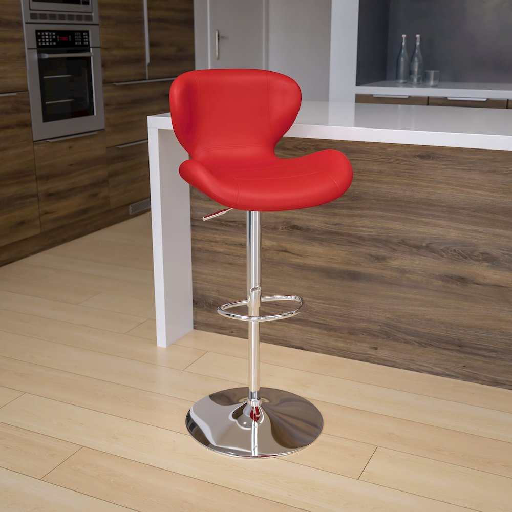 Red Vinyl Adjustable Height Barstool with Curved Back and Chrome Base. Picture 2