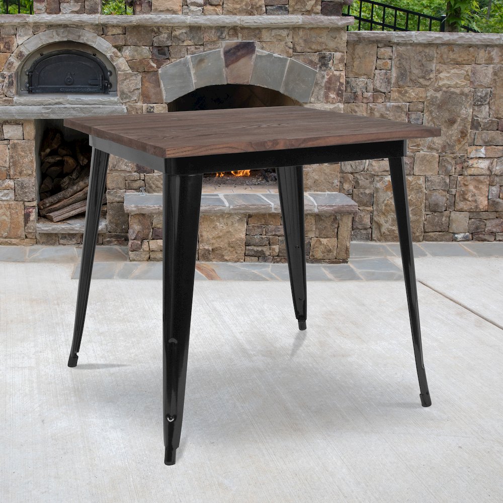 31.5" Square Black Metal Indoor Table with Walnut Rustic Wood Top. Picture 5