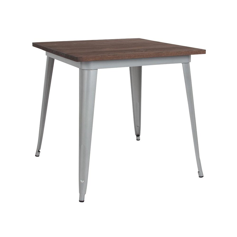 31.5" Square Silver Metal Indoor Table with Walnut Rustic Wood Top. Picture 1