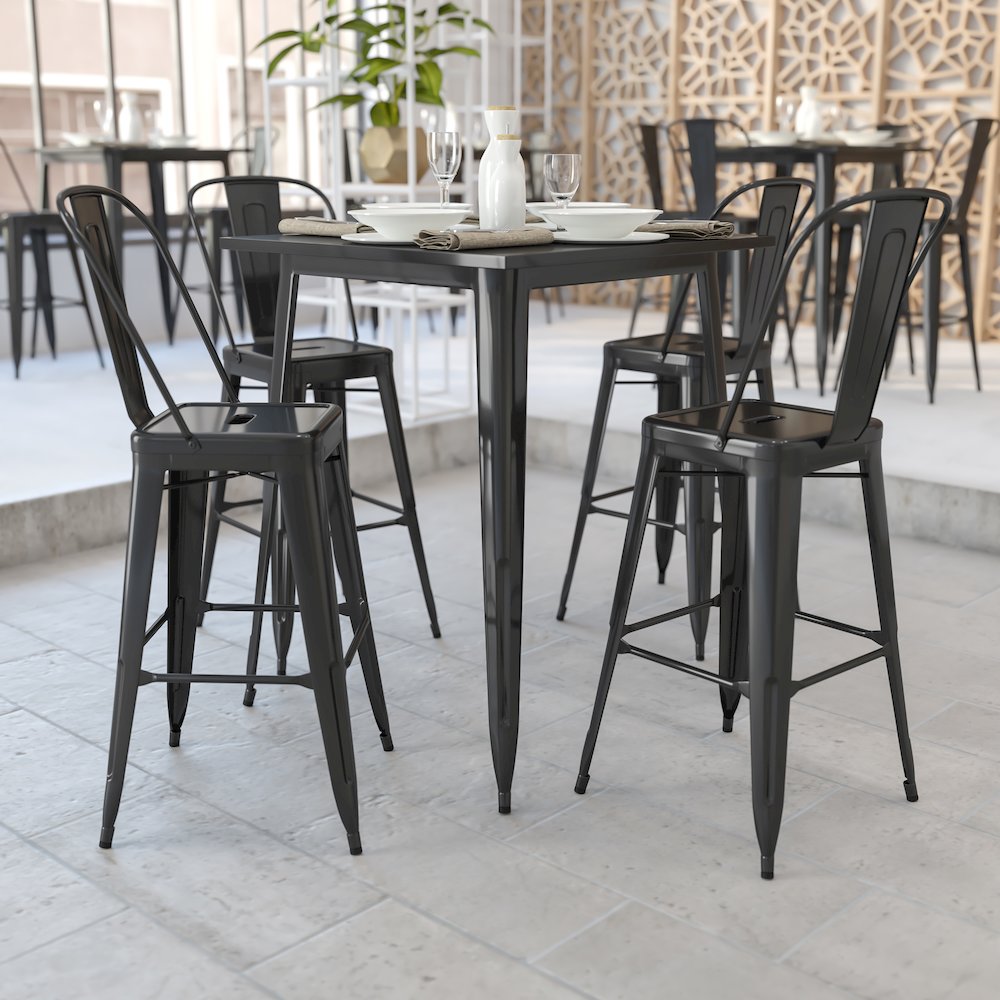 Commercial Grade 31.5" Square Black Metal Indoor-Outdoor Bar Height Table. Picture 3