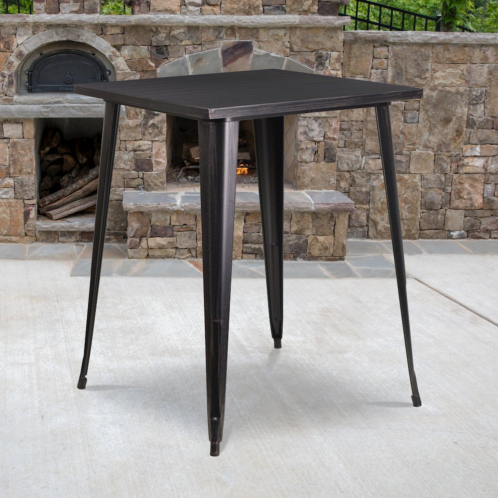 Commercial Grade 31.5" Square Black-Antique Gold Metal Indoor-Outdoor Bar Height Table. Picture 2