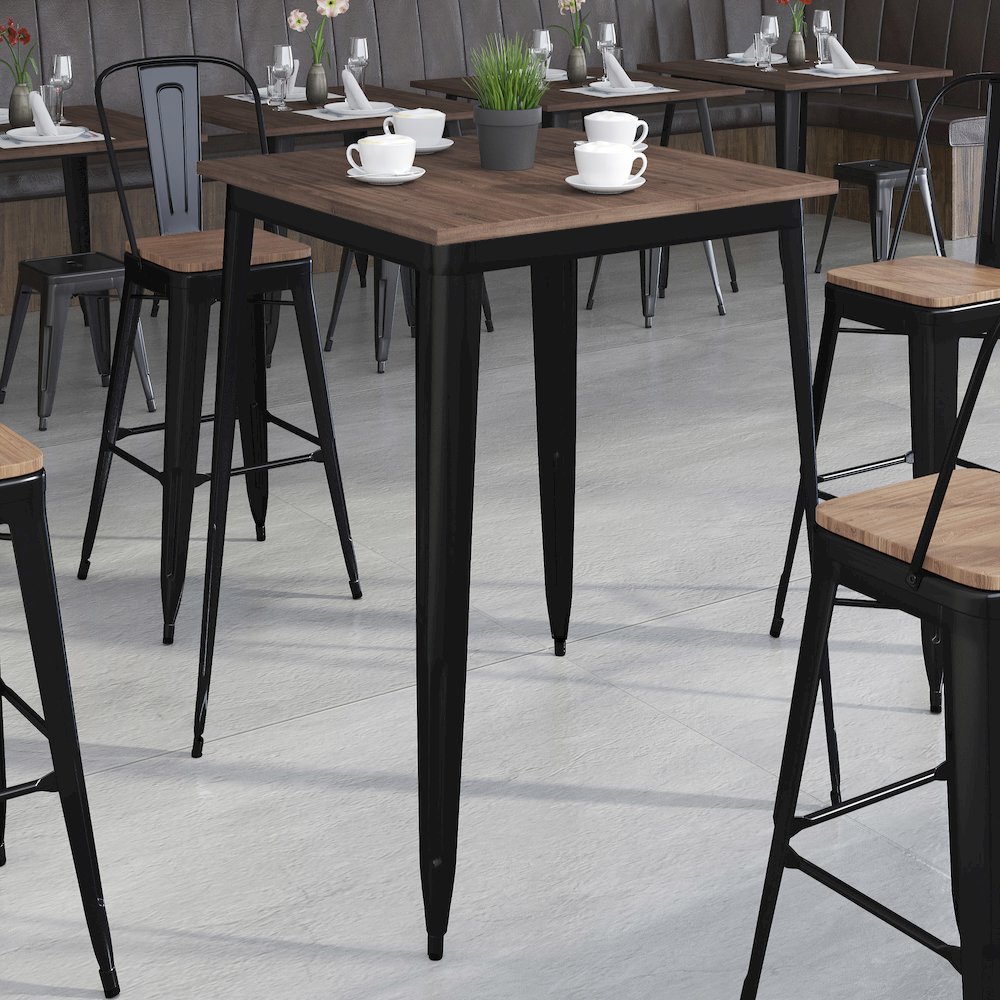 31.5" Square Black Metal Indoor Bar Height Table with Walnut Rustic Wood Top. Picture 2