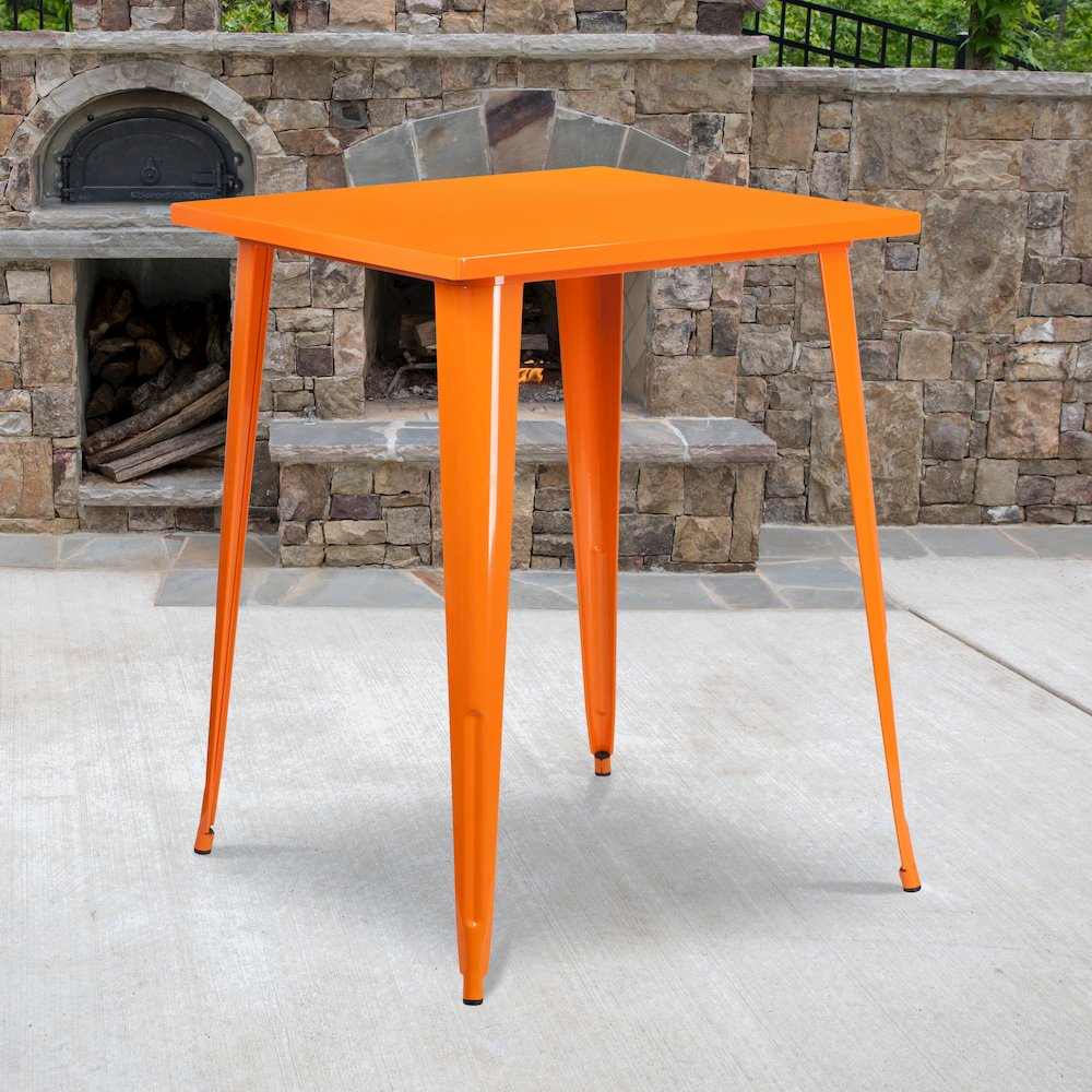 Commercial Grade 31.5" Square Orange Metal Indoor-Outdoor Bar Height Table. Picture 2