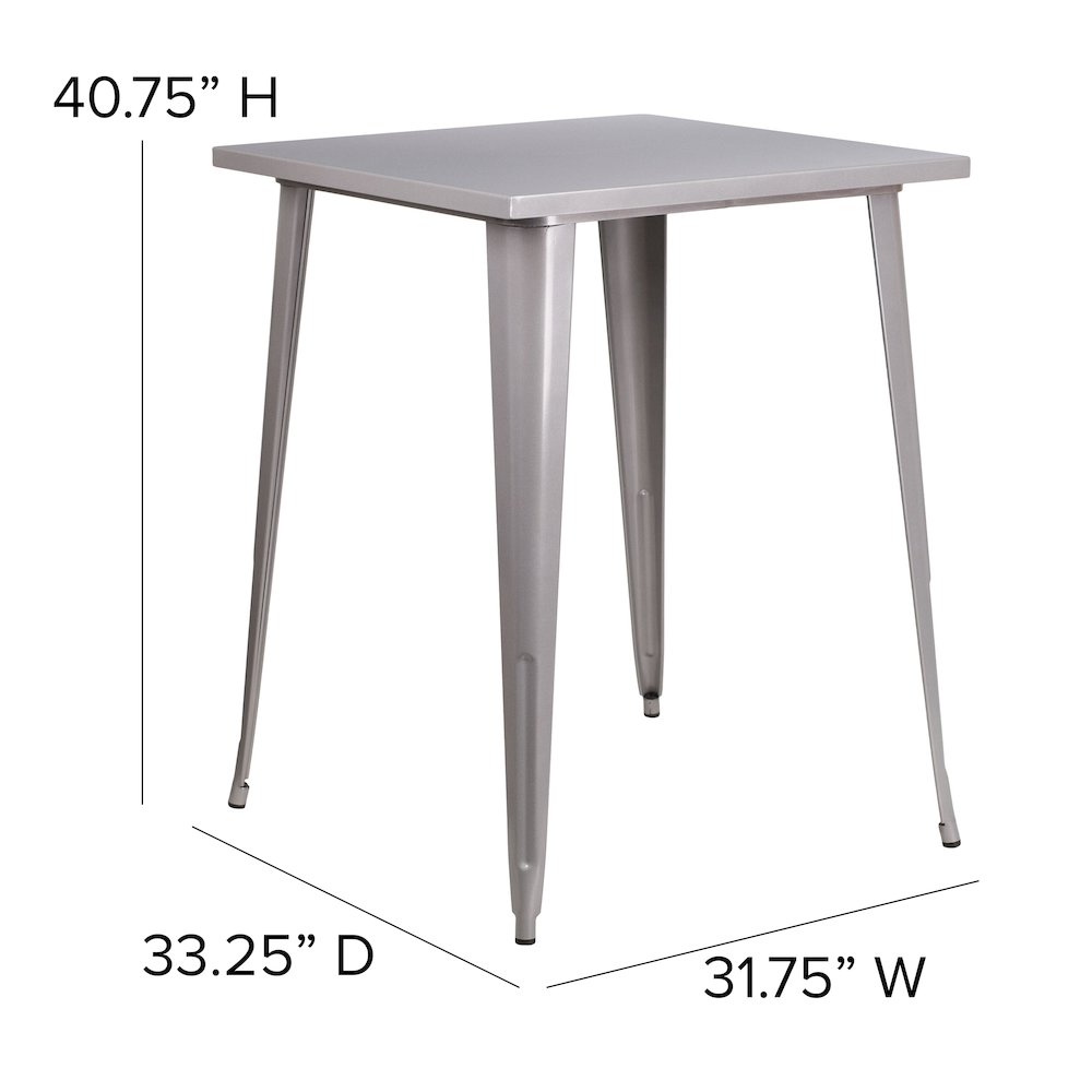Commercial Grade 31.5" Square Silver Metal Indoor-Outdoor Bar Height Table. Picture 2
