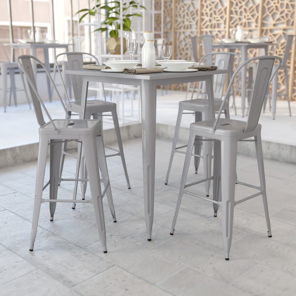 Commercial Grade 31.5" Square Silver Metal Indoor-Outdoor Bar Height Table. Picture 3
