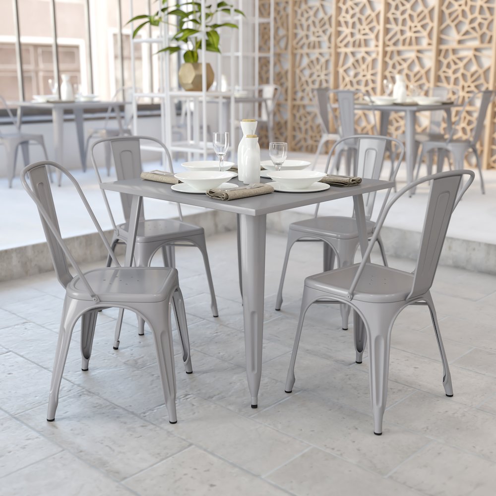 Commercial Grade 35.5" Square Silver Metal Indoor-Outdoor Table. Picture 2