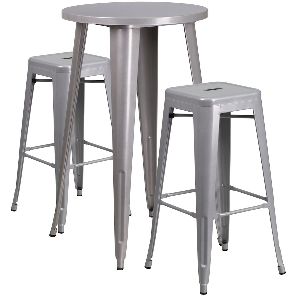 Commercial Grade 24" Round Silver Metal Indoor-Outdoor Bar Table Set with 2 Square Seat Backless Stools. Picture 1