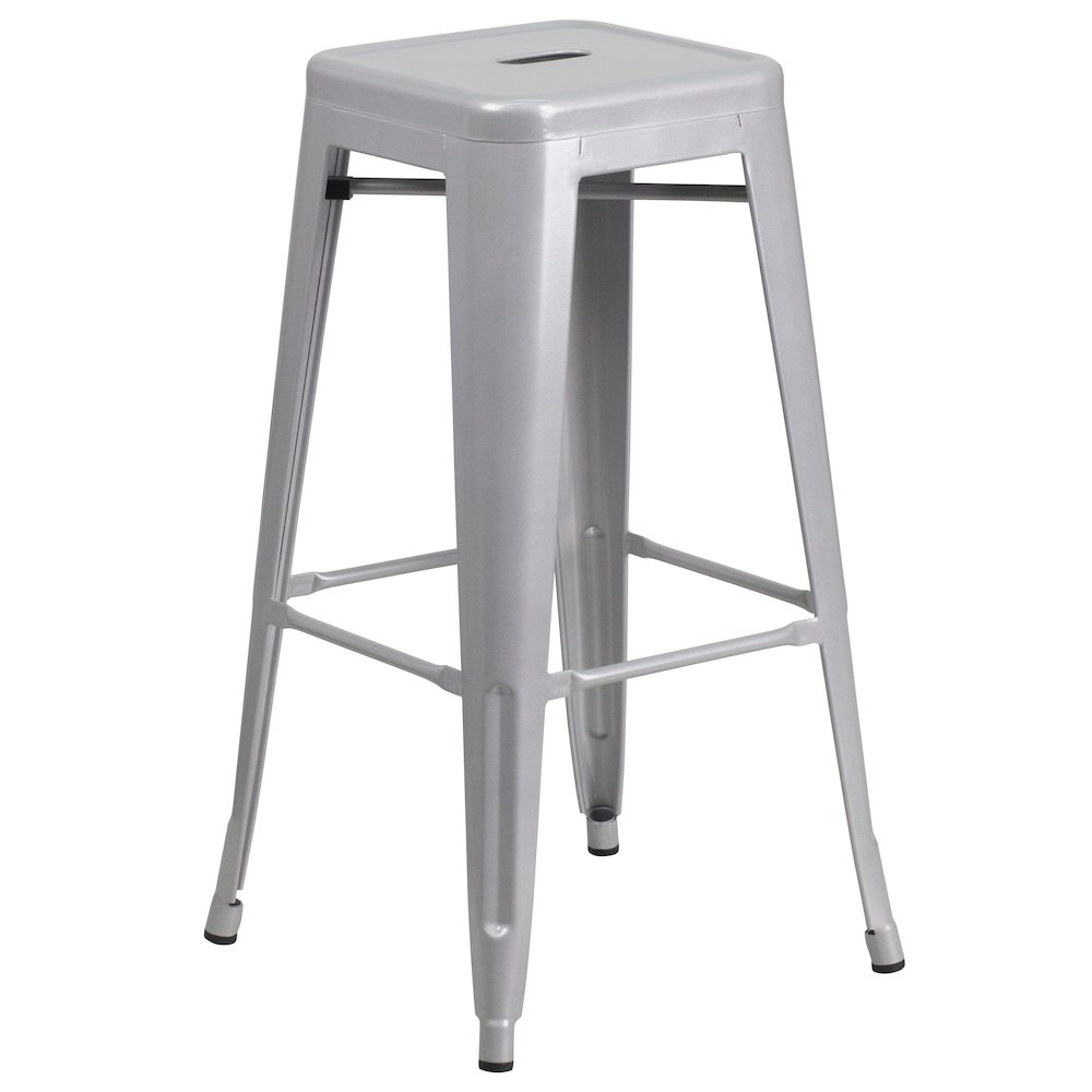 Commercial Grade 24" Round Silver Metal Indoor-Outdoor Bar Table Set with 2 Square Seat Backless Stools. Picture 3
