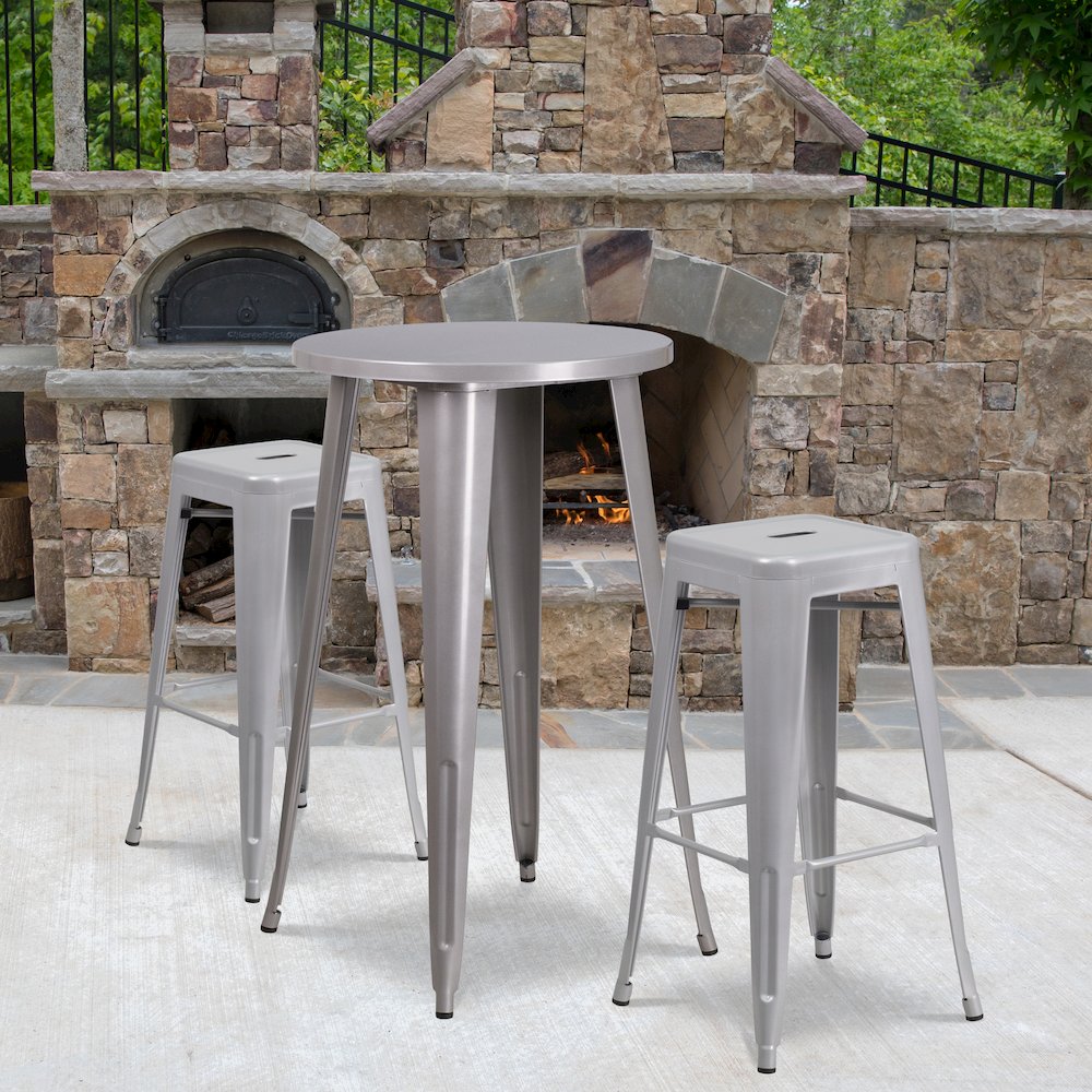 Commercial Grade 24" Round Silver Metal Indoor-Outdoor Bar Table Set with 2 Square Seat Backless Stools. Picture 4