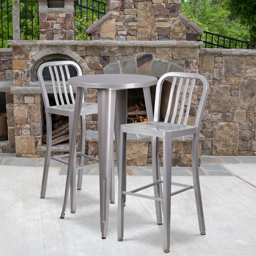 Commercial Grade 24" Round Silver Metal Indoor-Outdoor Bar Table Set with 2 Vertical Slat Back Stools. Picture 4