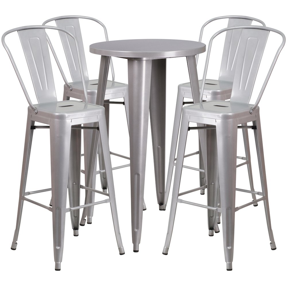 24" Round Silver Metal Indoor-Outdoor Bar Table Set with 4 Cafe Stools. Picture 1