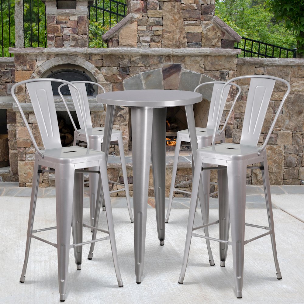 24" Round Silver Metal Indoor-Outdoor Bar Table Set with 4 Cafe Stools. Picture 2