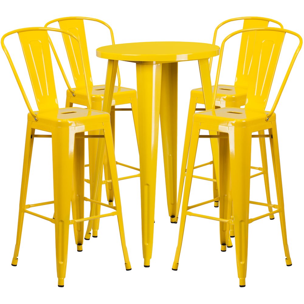 24" Round Yellow Metal Indoor-Outdoor Bar Table Set with 4 Cafe Stools. Picture 1
