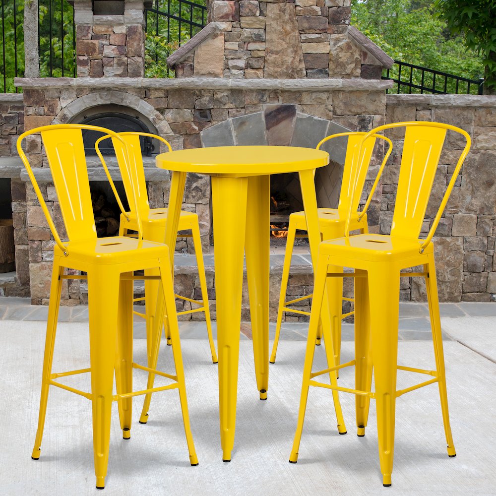 24" Round Yellow Metal Indoor-Outdoor Bar Table Set with 4 Cafe Stools. Picture 2
