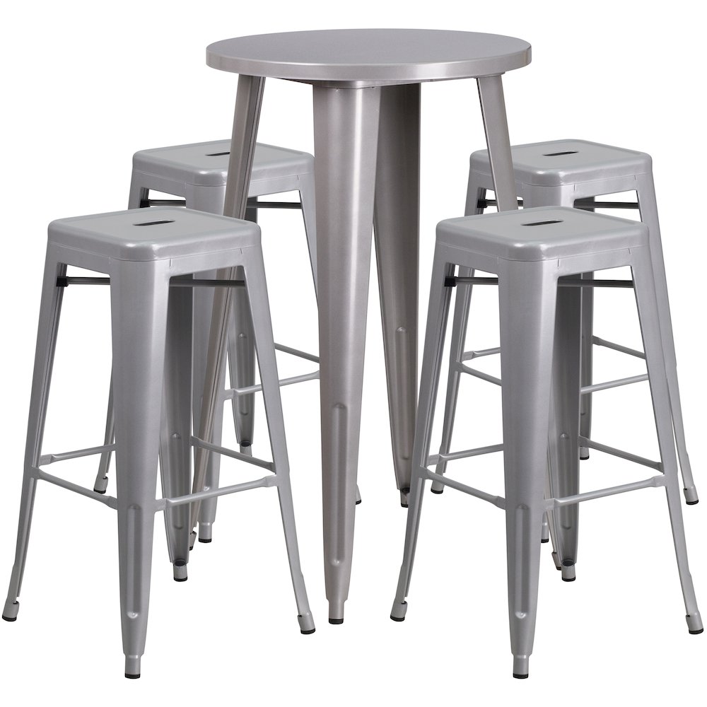 24" Round Silver Metal Indoor-Outdoor Bar Table Set with 4 Seat Backless Stools. Picture 1